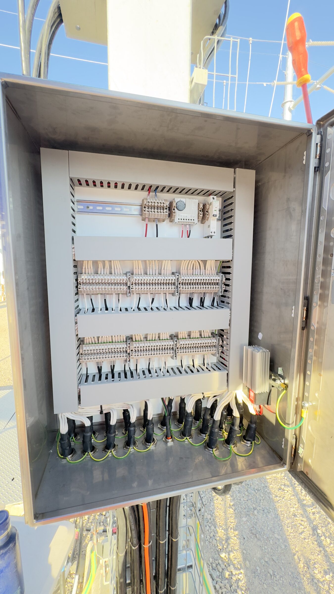 The interior of a control cabinet, secondary wiring landed and labelled